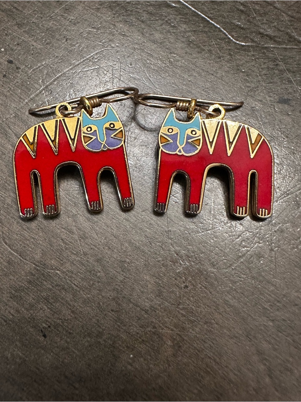 Vintage Laurel Burch Red Enamel Tiger Cat Statement Dangle Earrings 2005